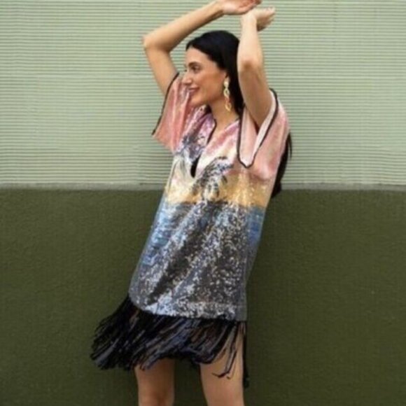 H&M Studio Palm Tree Sunrise sequin shiny fringe Chloe Ibiza dress XS/S - Picture 1 of 14